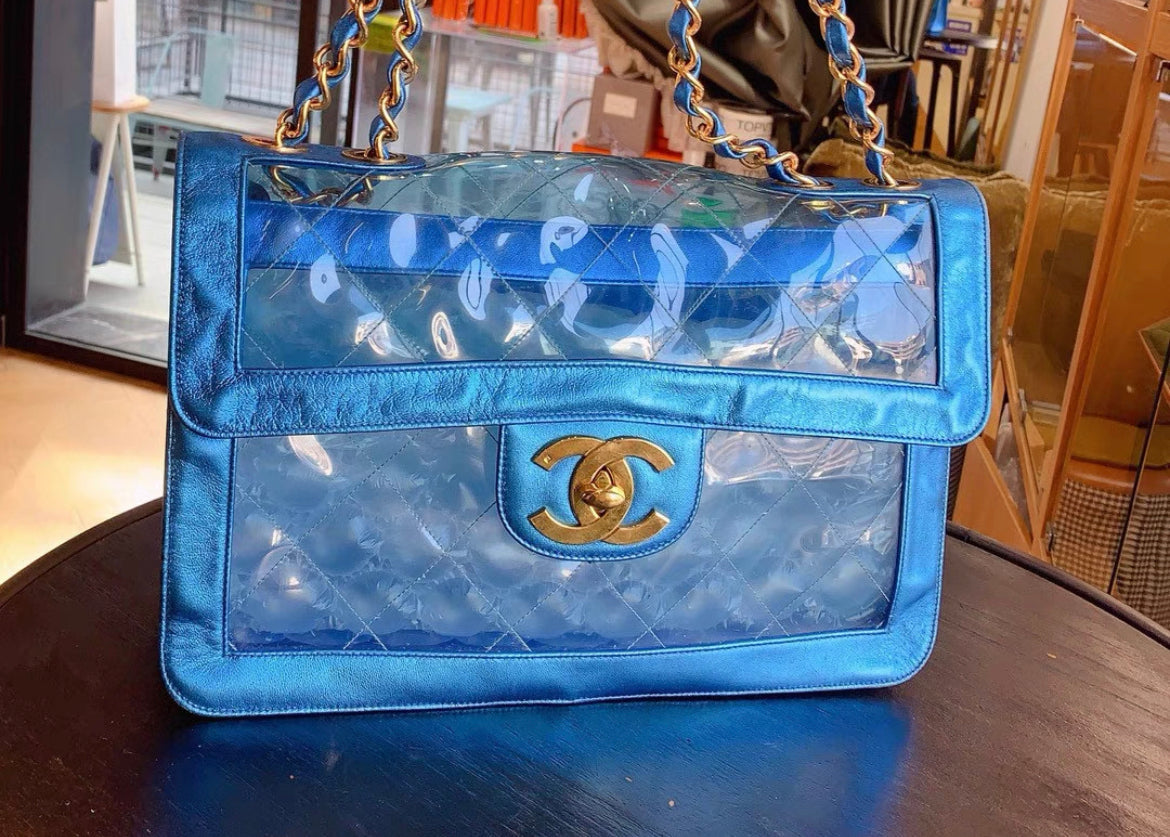 CHANEL 95P  "BARBIE" MAXI FLAP METALLIC BLUE BAG 24K GHW CLASSIC PCI