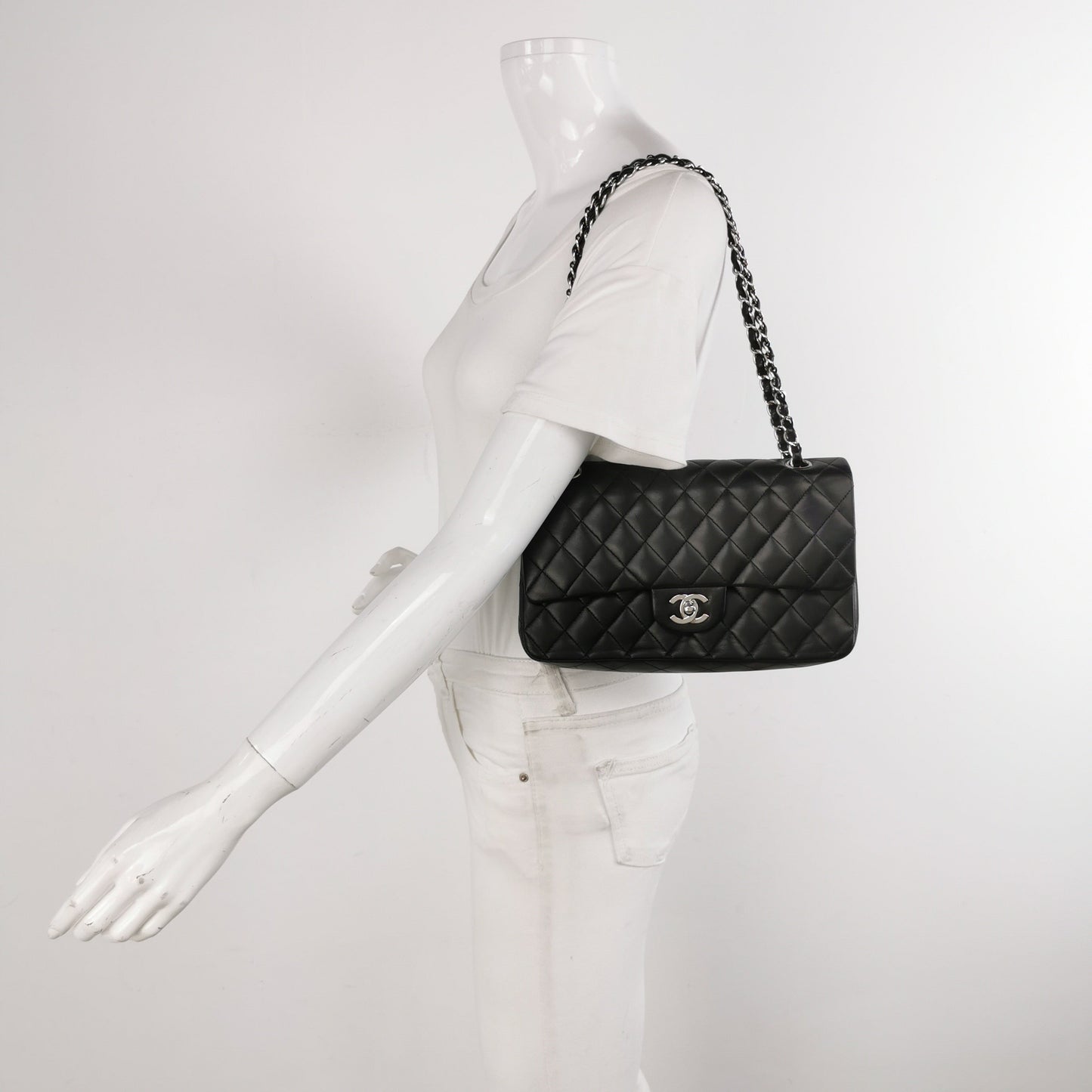Chanel Timeless Classic Flap Medium Black Lambskin Leather Silver Hardware, 2012