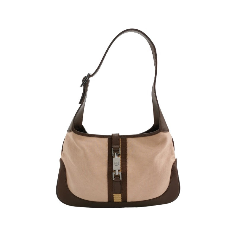 Gucci Jackie Vintage Small Brown Leather and Fabric Silver Hardware