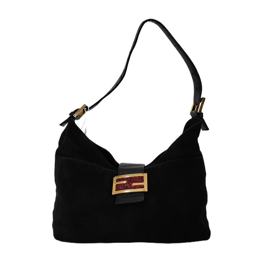 Fendi Mamma Baguette Forever Black Suede Leather Red Buckle