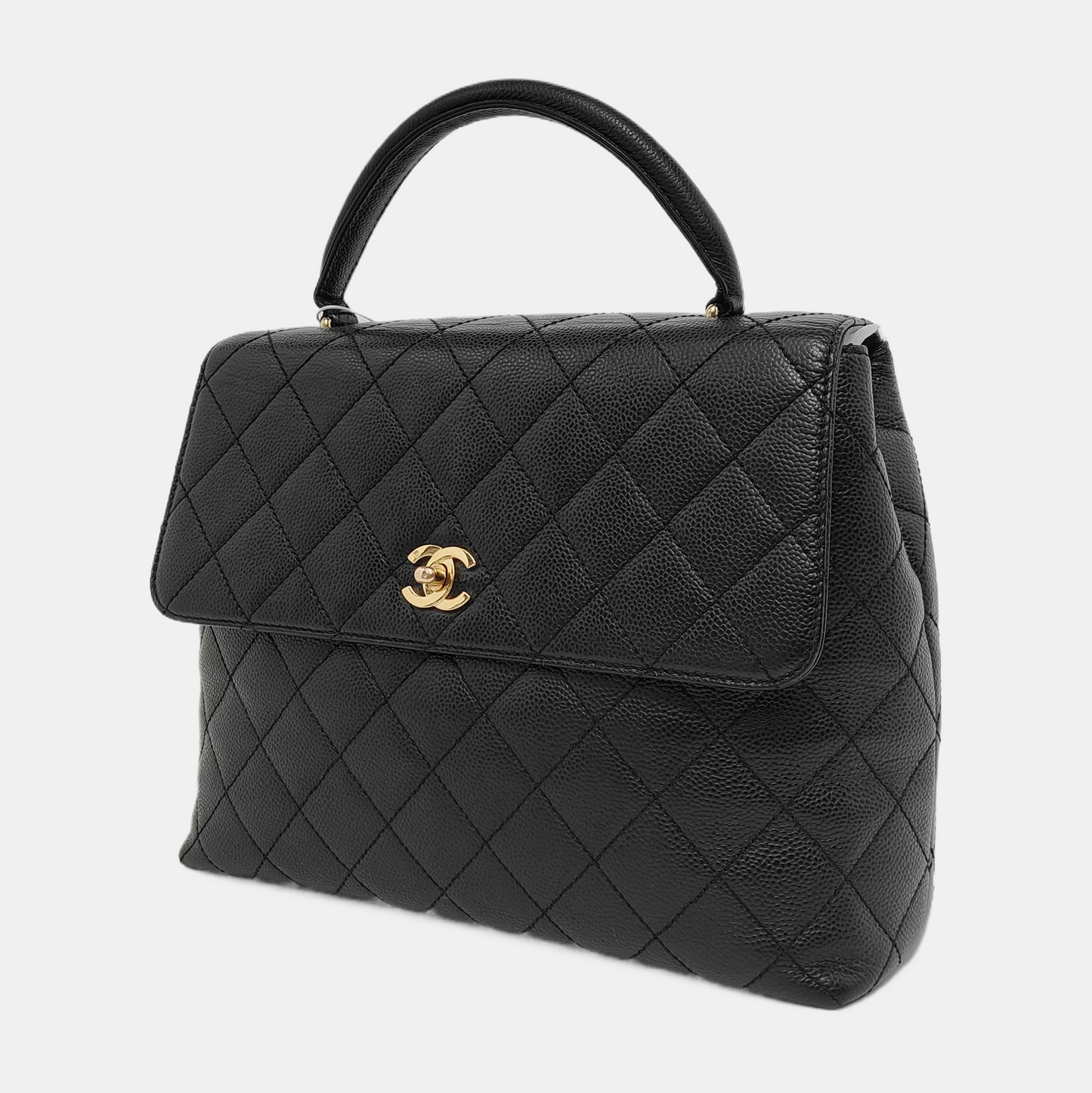 Chanel Vintage Top Handle Kelly Black Caviar Leather 24k Gold Plated Hardware