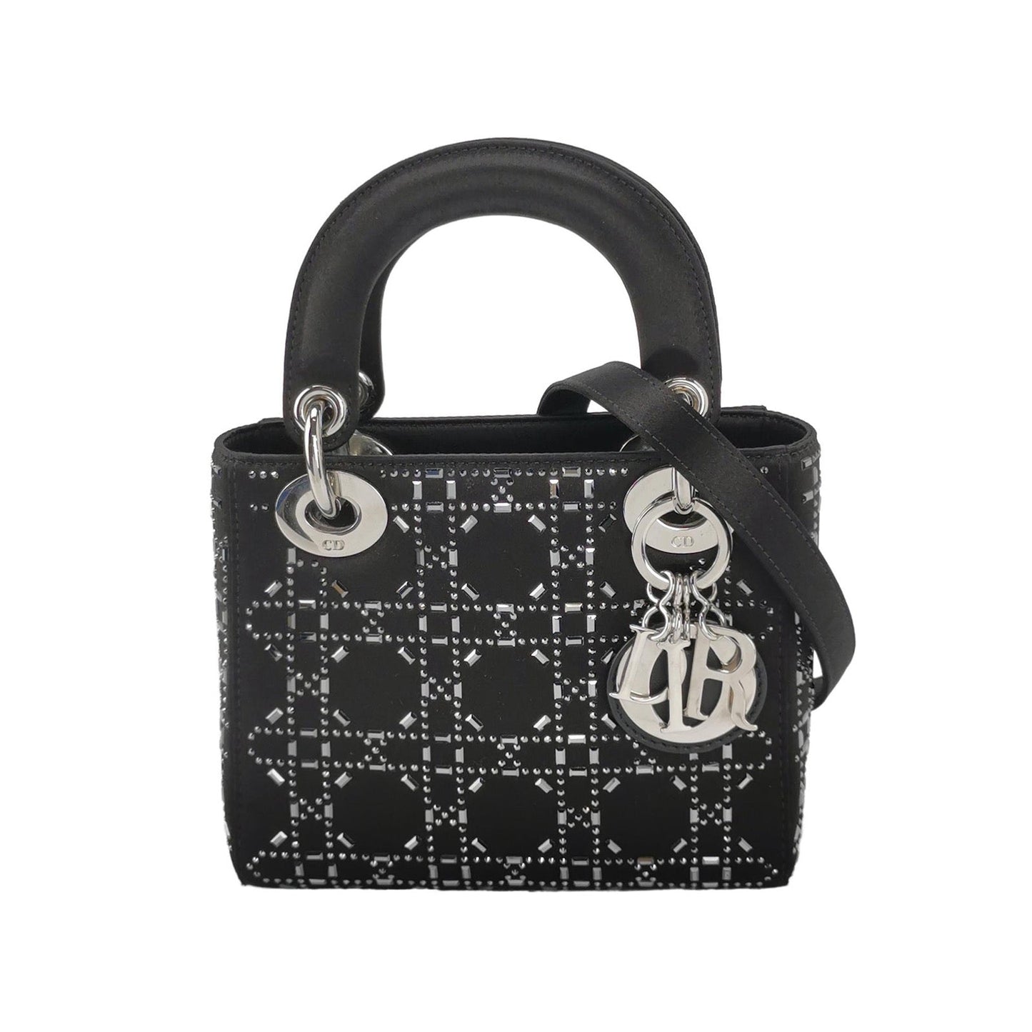 Lady Dior Mini Black Silk with Crystals Silver Hardware