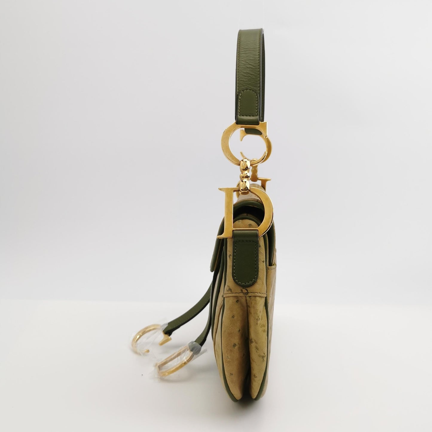 Dior Vintage Double Saddle Green Ostrich Leather Gold Hardware