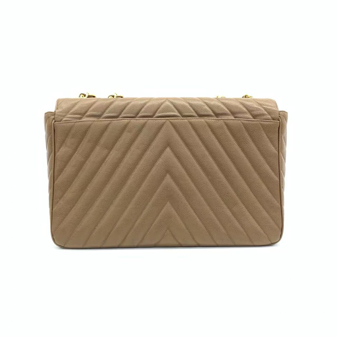 Chanel Vintage Classic Maxi Single Flap Taupe Brown Caviar Chevron Stitch 24 Gold Hardware