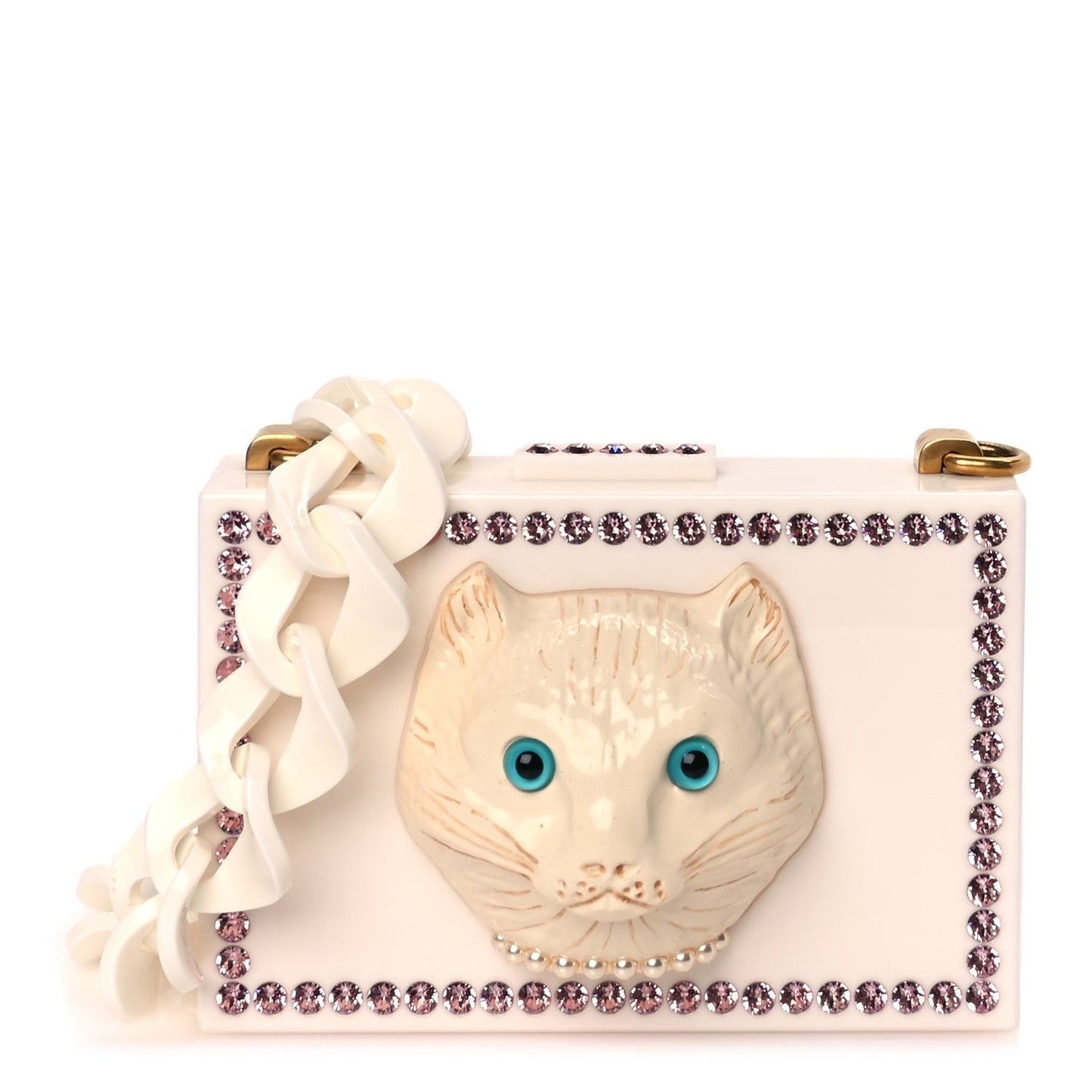 Gucci Plexiglass Crystal Cat Face Box Clutch White