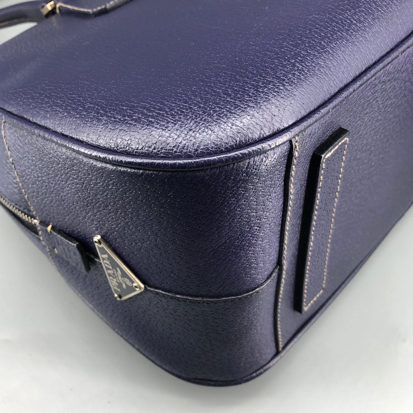 Prada Bauletto Medium Pebbled Leather Handbag Ink Blue