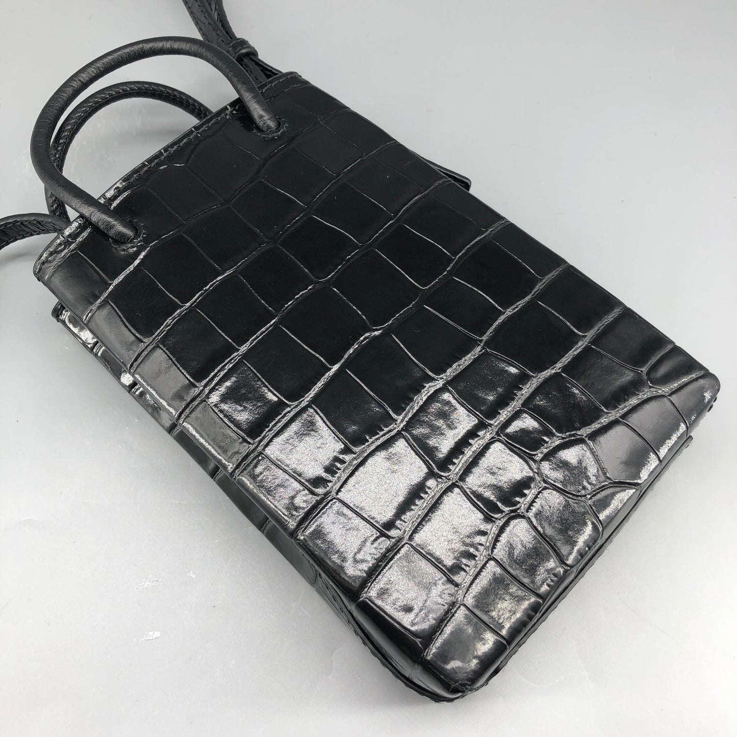 Balenciaga Logo Embossed Crocodile Embossed Leather Mini Vertical Phone Bag Black