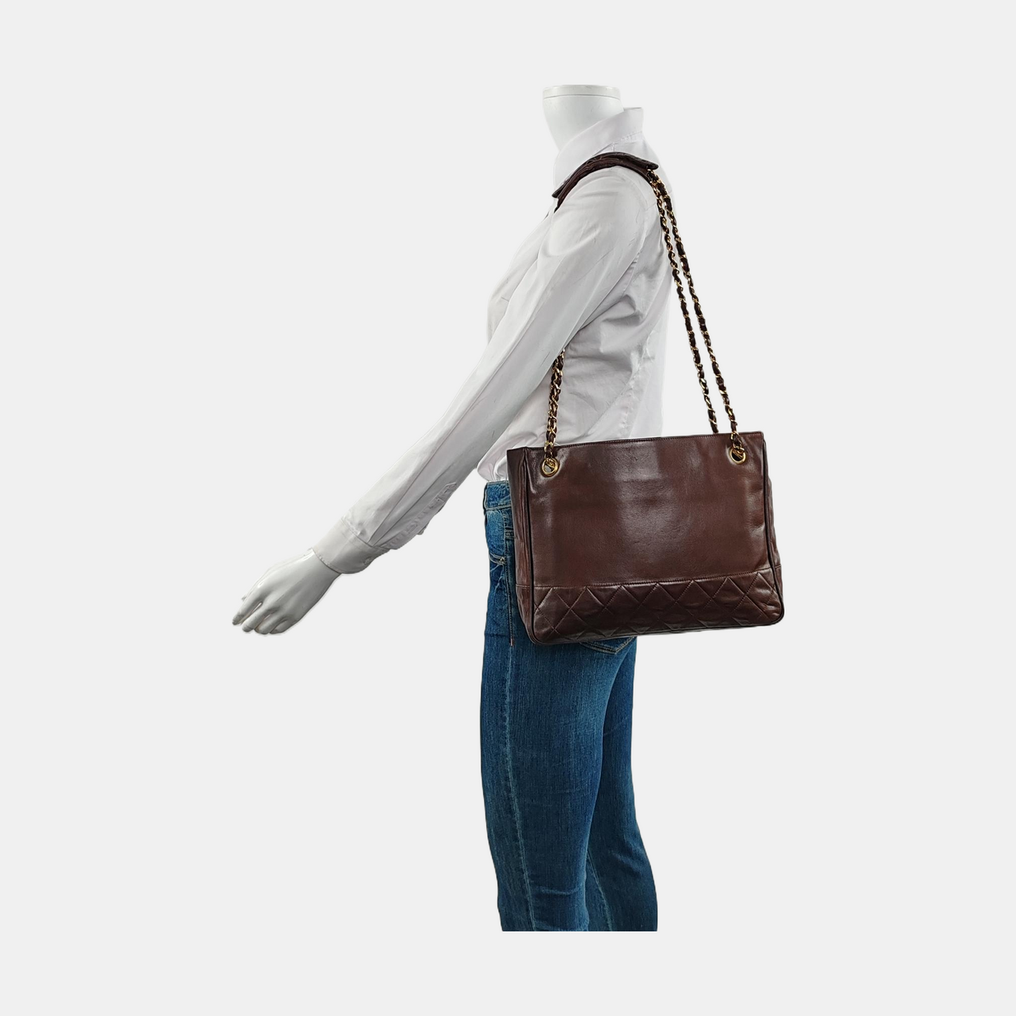 Chanel Vintage CC Logo Tote Bag Brown Calfskin Leather Double Gold Chain 1986-88