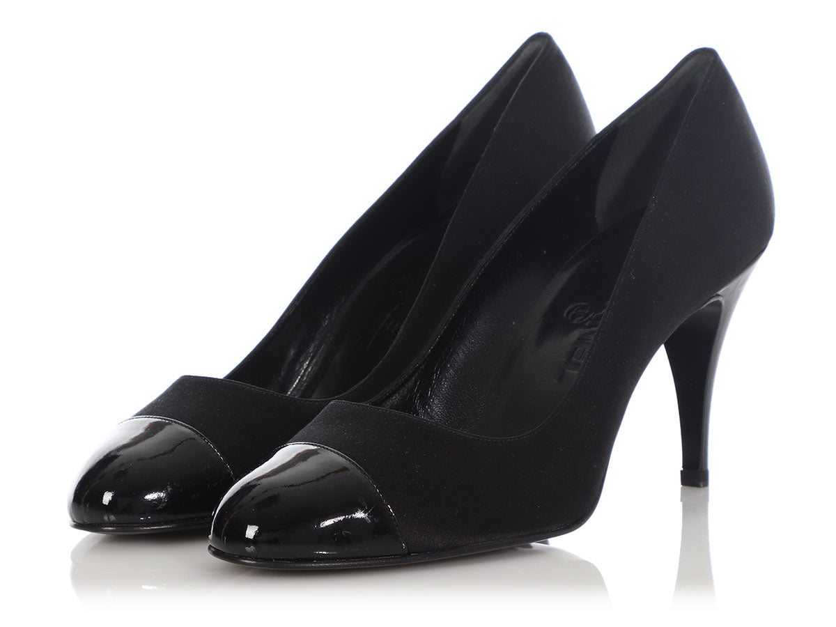 Chanel Black Satin and Patent Capped Toe Pumps