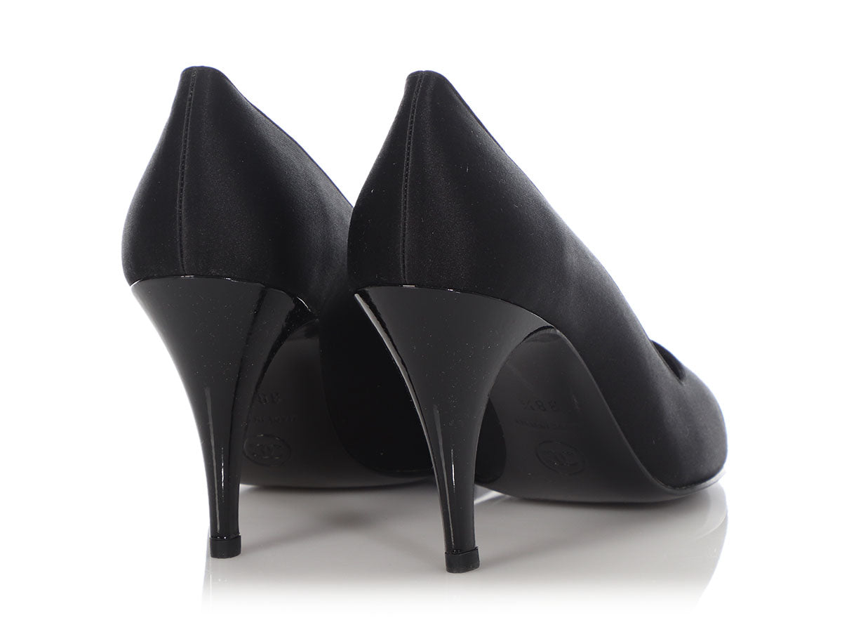 Chanel Black Satin and Patent Capped Toe Pumps
