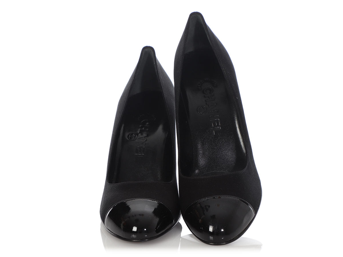 Chanel Black Satin and Patent Capped Toe Pumps