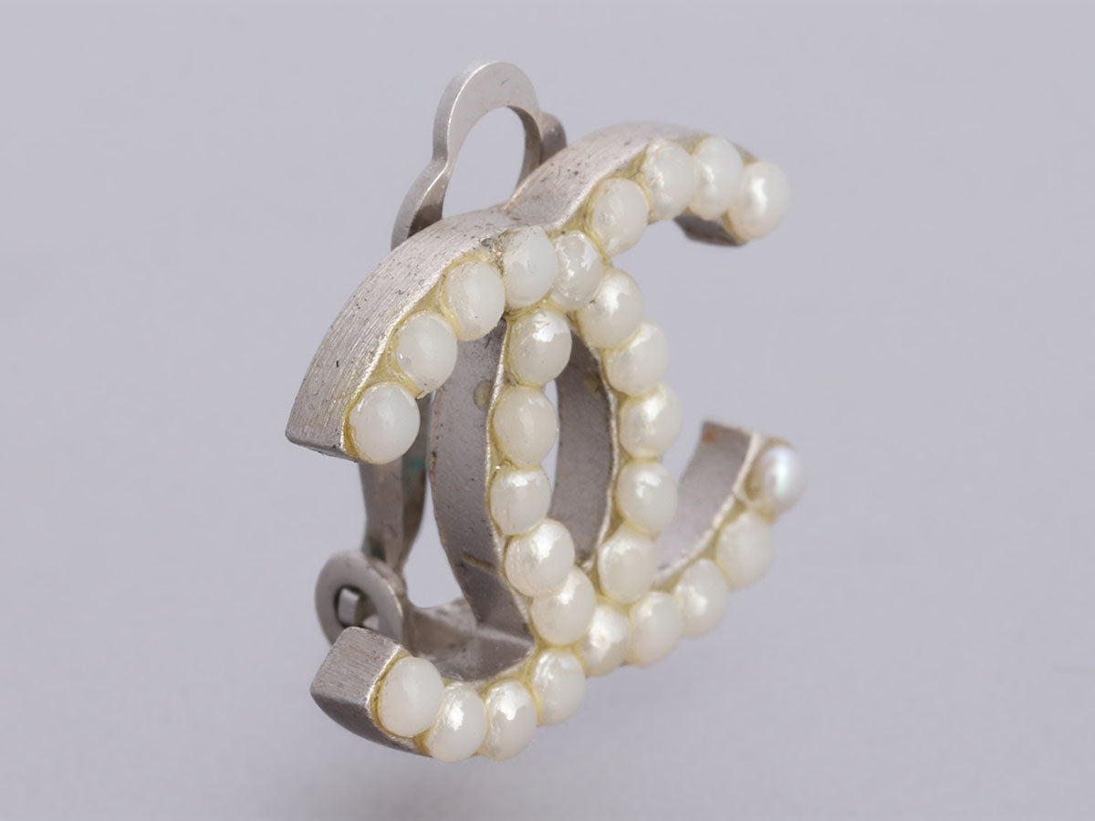 Chanel Silver-Tone Pearl Logo Clip-On Earrings