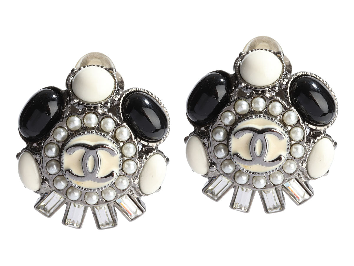 Chanel Black and White Crystal and Pearl Clip-On Earrings