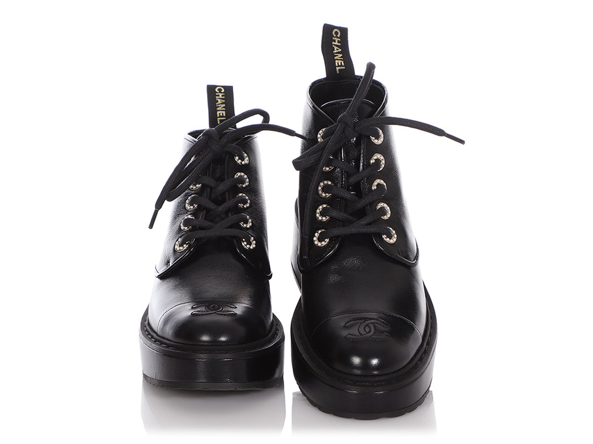 Chanel Black Capped Toe and Pearl Combat Boots