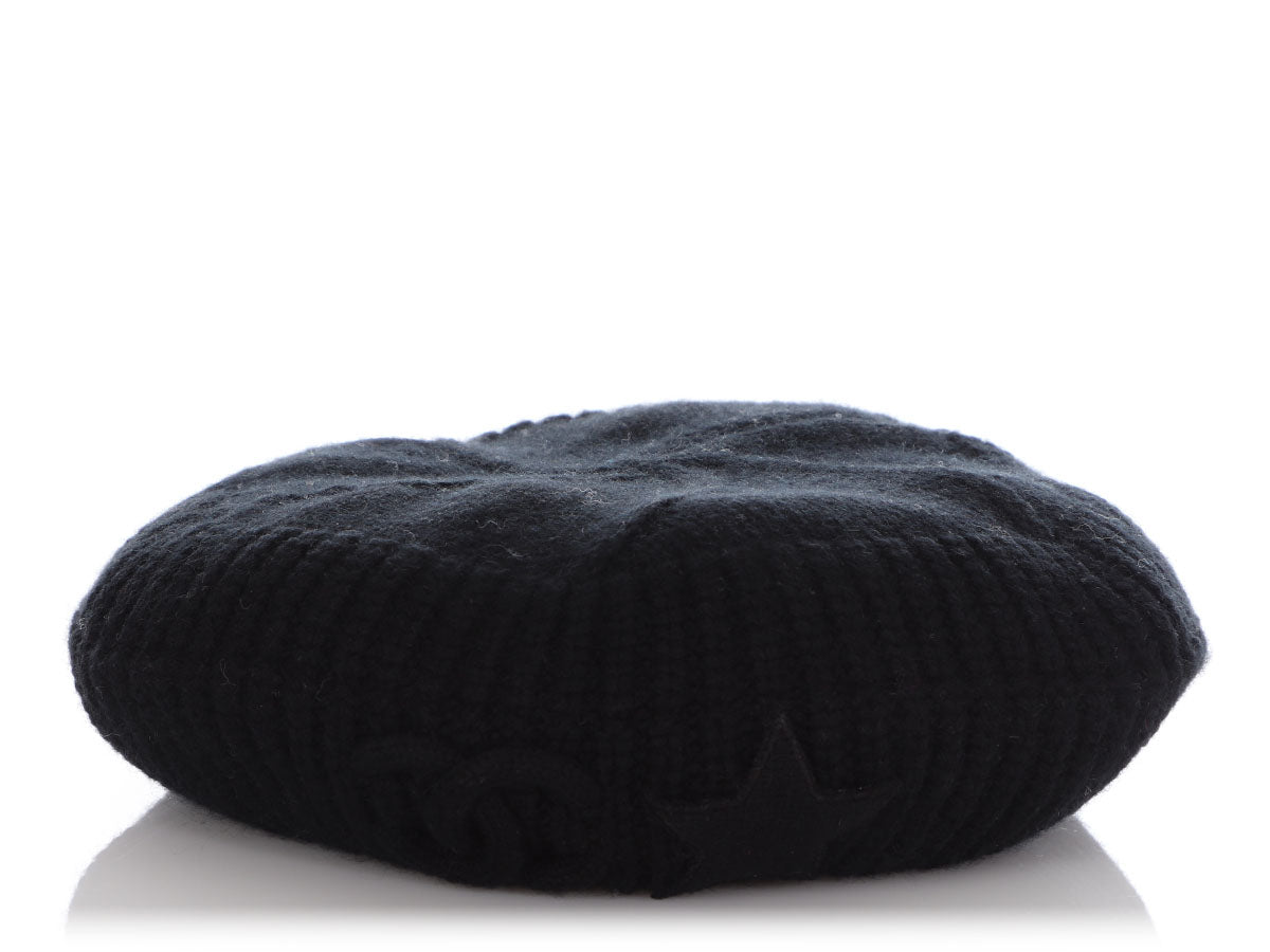 Chanel Vintage Black Knit Cashmere CC Star Beret