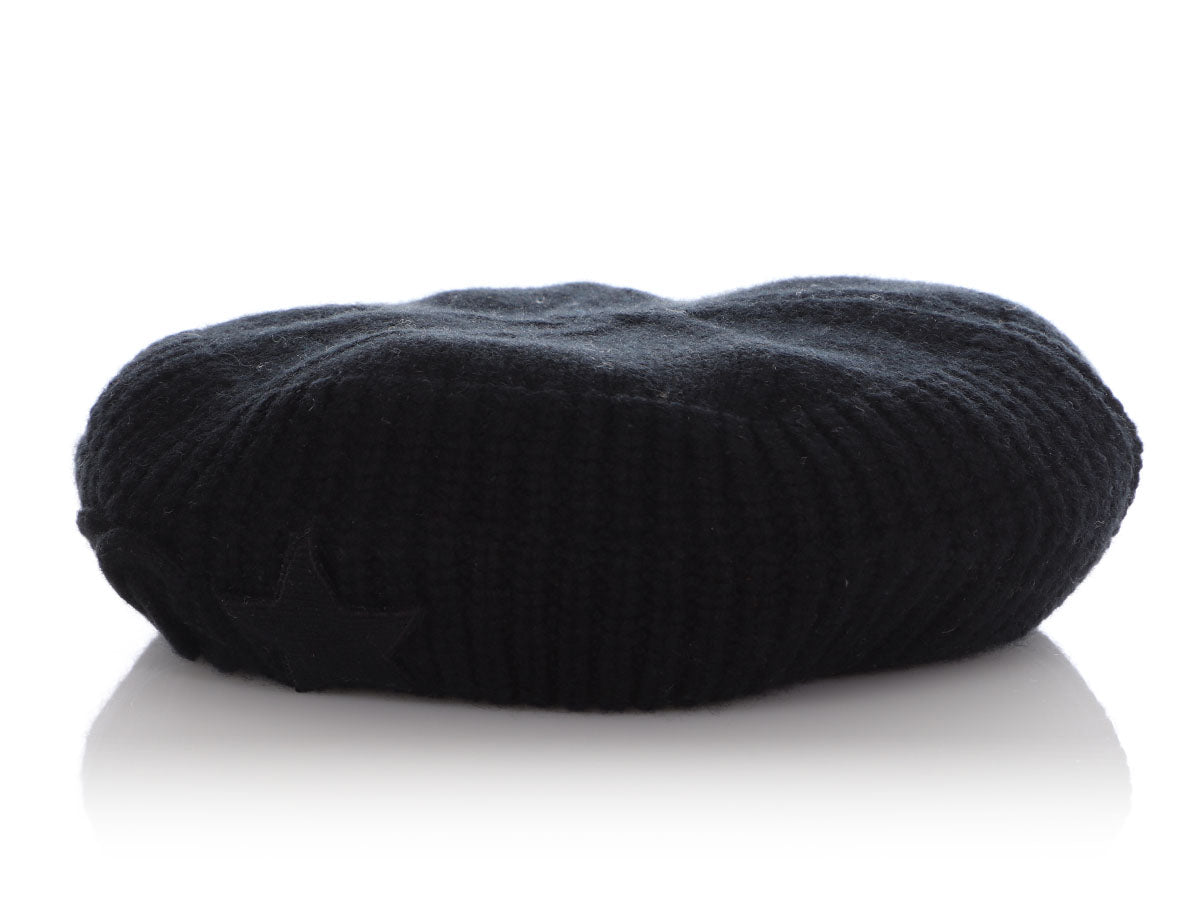 Chanel Vintage Black Knit Cashmere CC Star Beret
