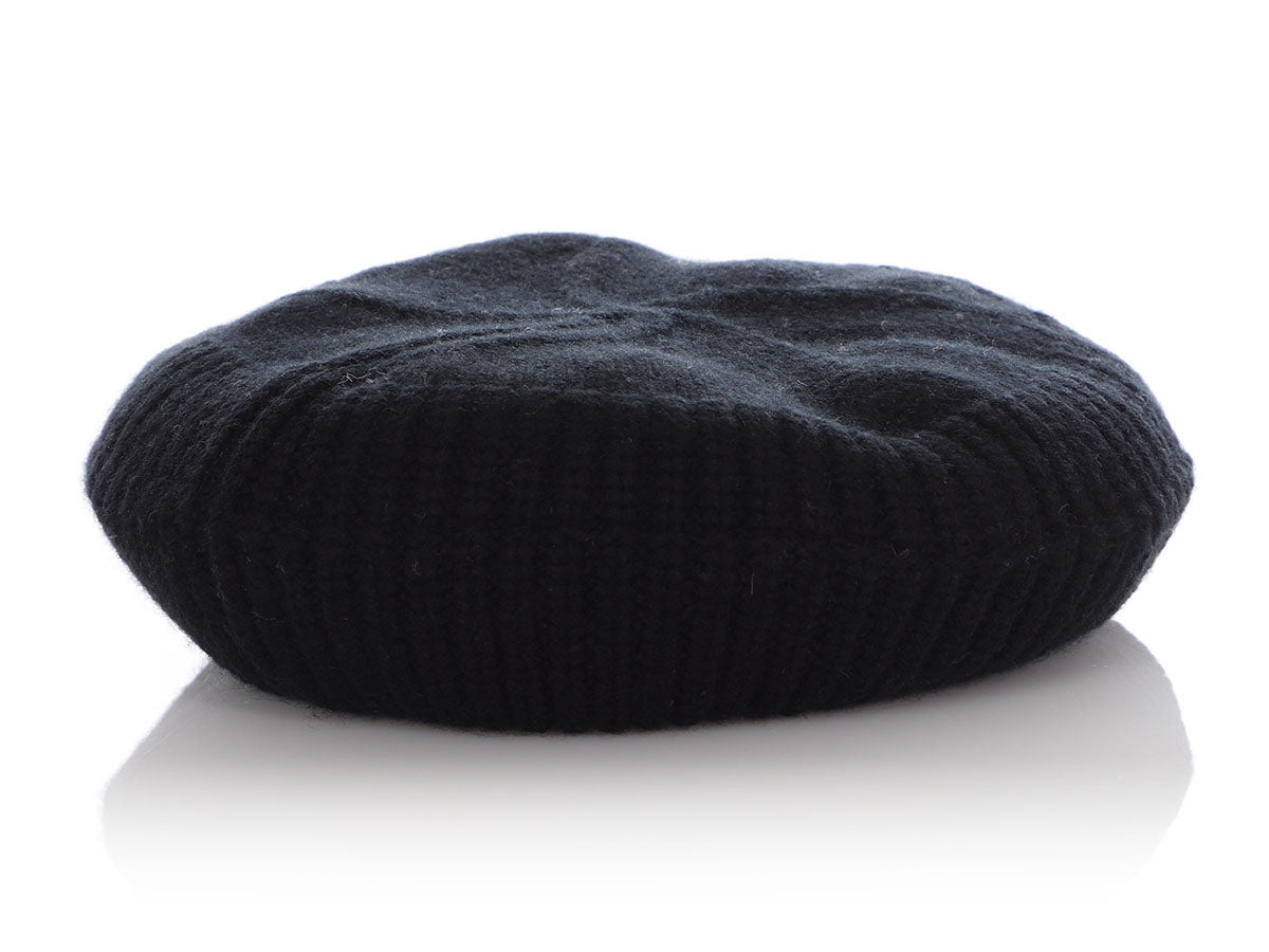 Chanel Vintage Black Knit Cashmere CC Star Beret
