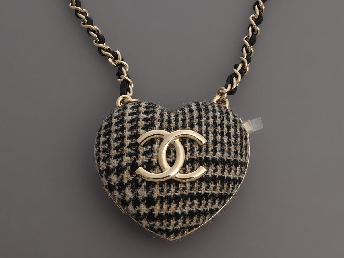 Chanel Black and Beige Tweed Heart Locket Necklace
