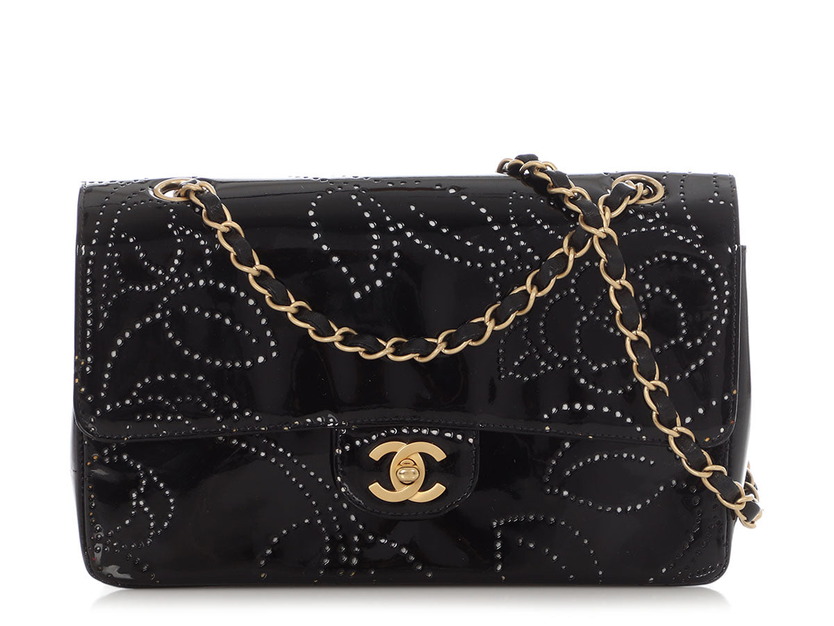 Chanel  Black Perforated Patent Camellia Flap