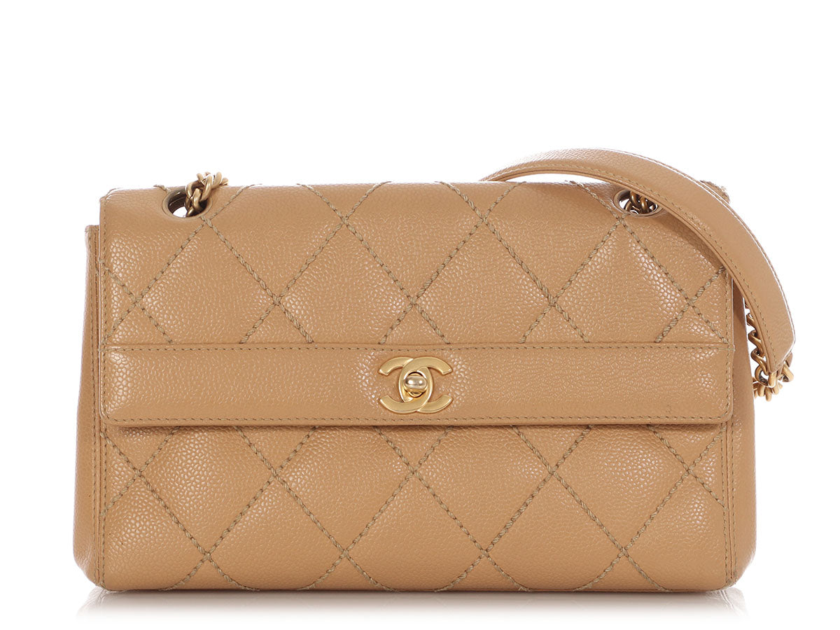 Chanel  Beige Quilted Caviar Wild Stitch Flap