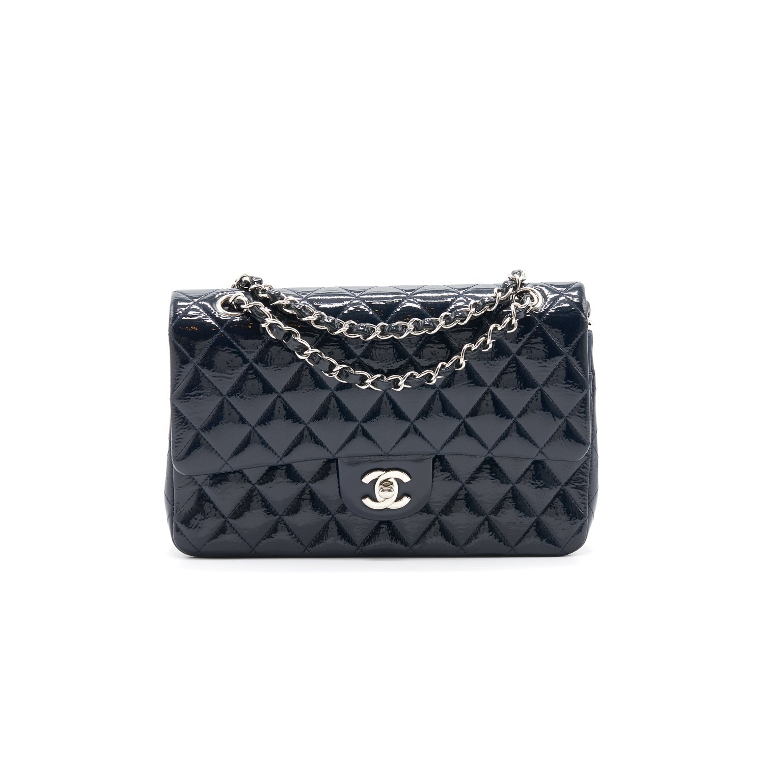 Chanel Classic Medium Double Flap Patent Leather Dark Navy with SHW Shoulder Bag