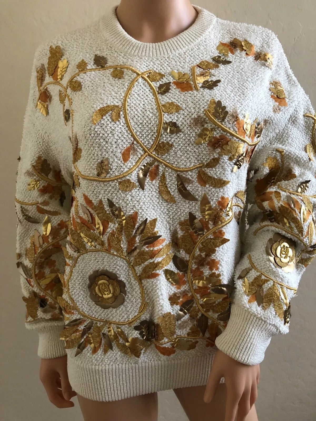 CHANEL 18C CC PARIS GREECE RUNWAY GOLD ECRU LOGO KNIT EMBELLISHED SWEATER