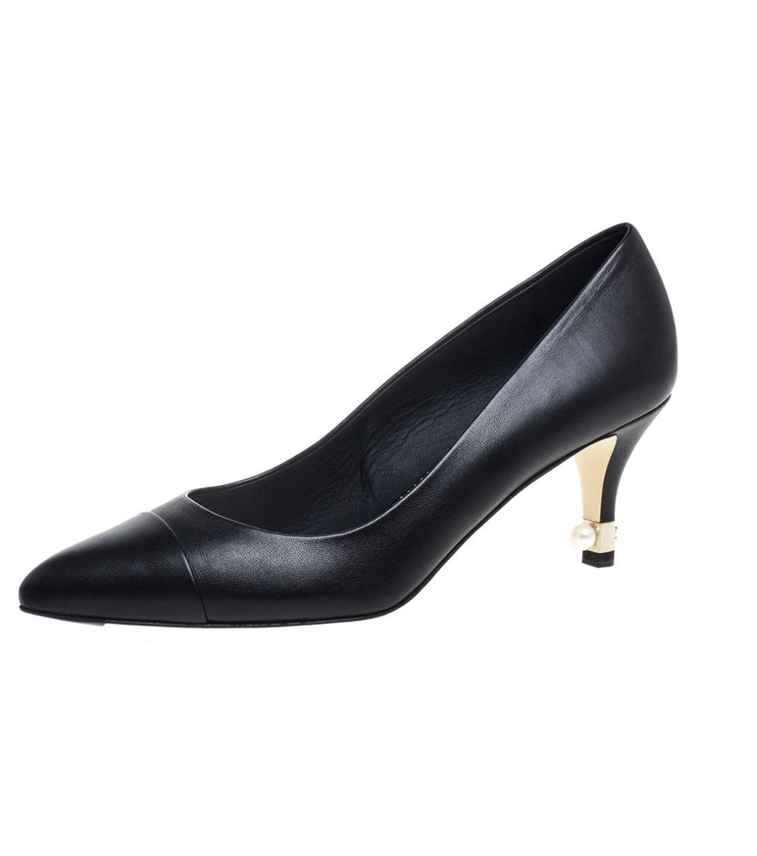 CHANEL CC CAP TOE PEARL EMBELLISHED HEEL PUMPS