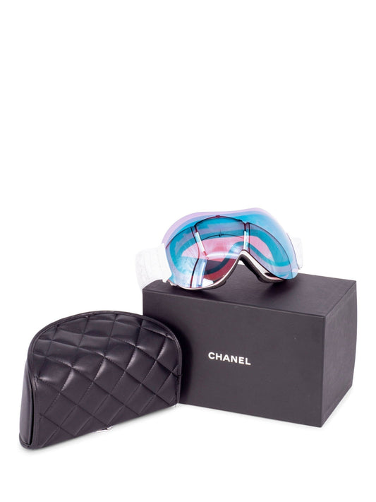 Chanel CC Logo Ski Goggles with Quilted Leather Clutch Black