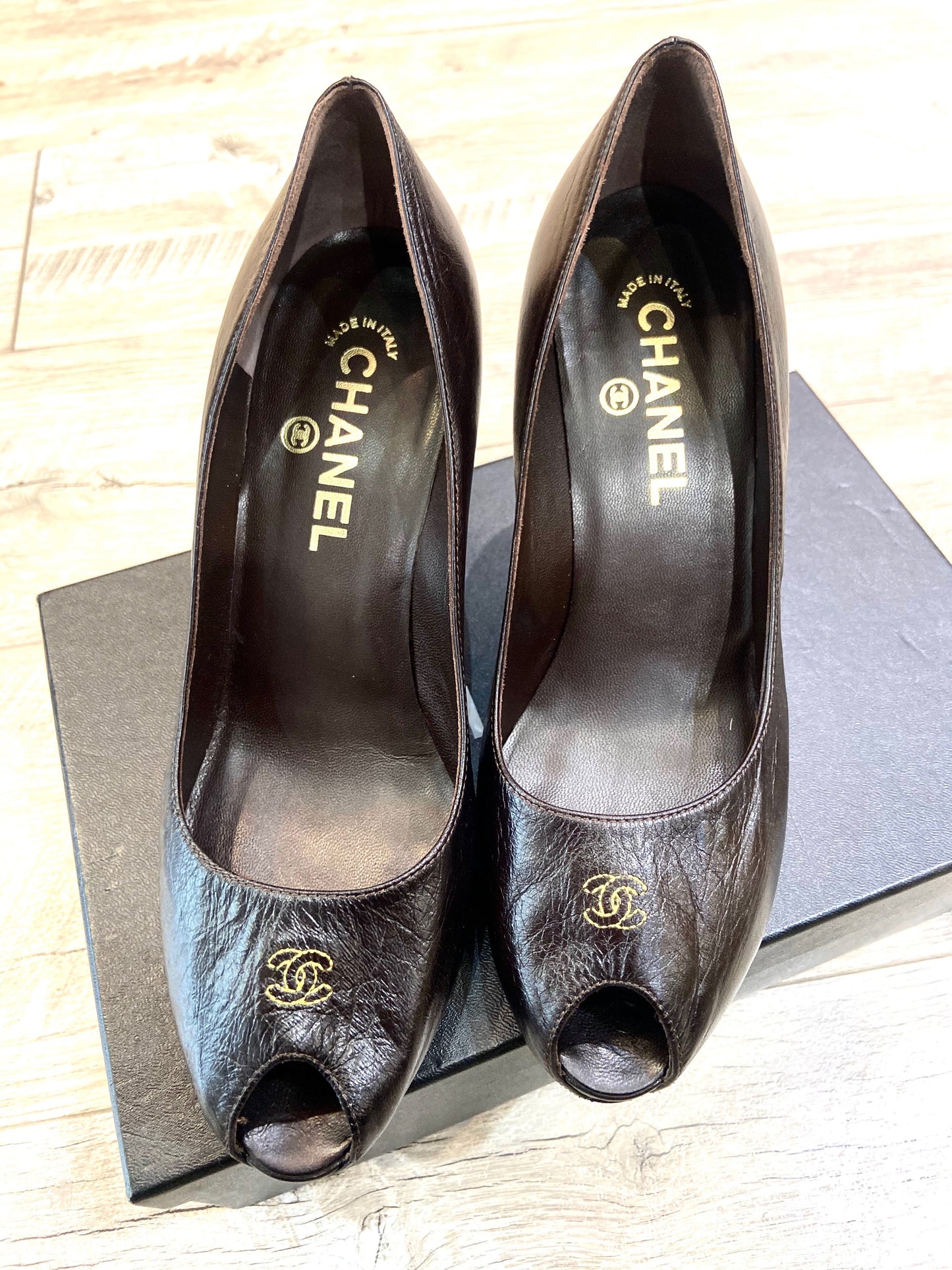 CHANEL CC CALFSKIN LEATHER PEEP TOE PUMPS Handbag