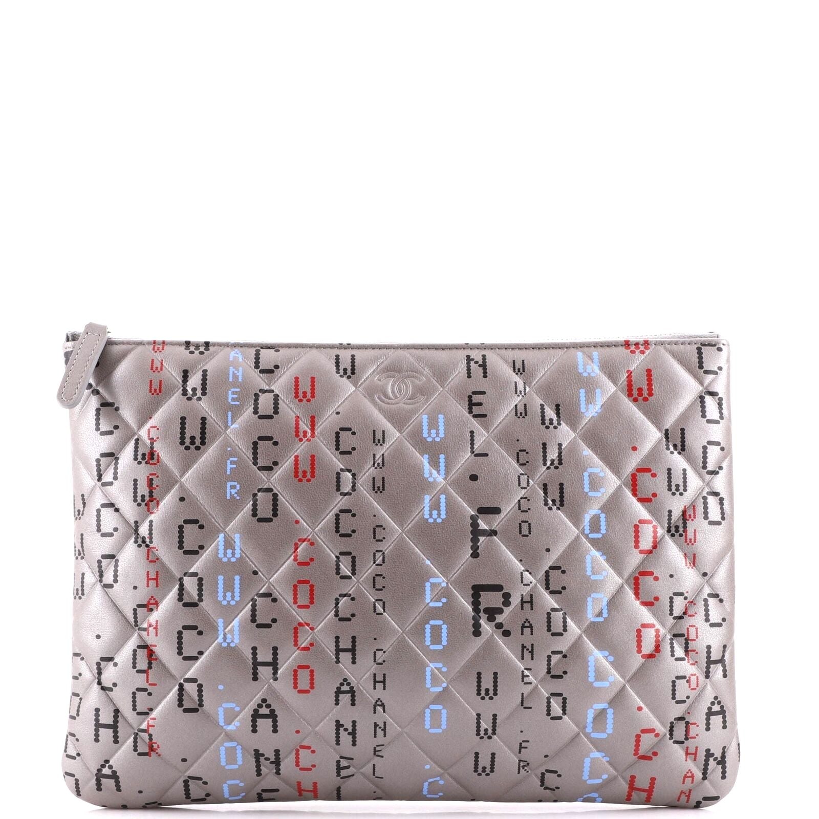 CHANEL METALLIC SILVER QUILTED LAMBSKIN PRINTED DATA CENTER O CLUTCH-HS