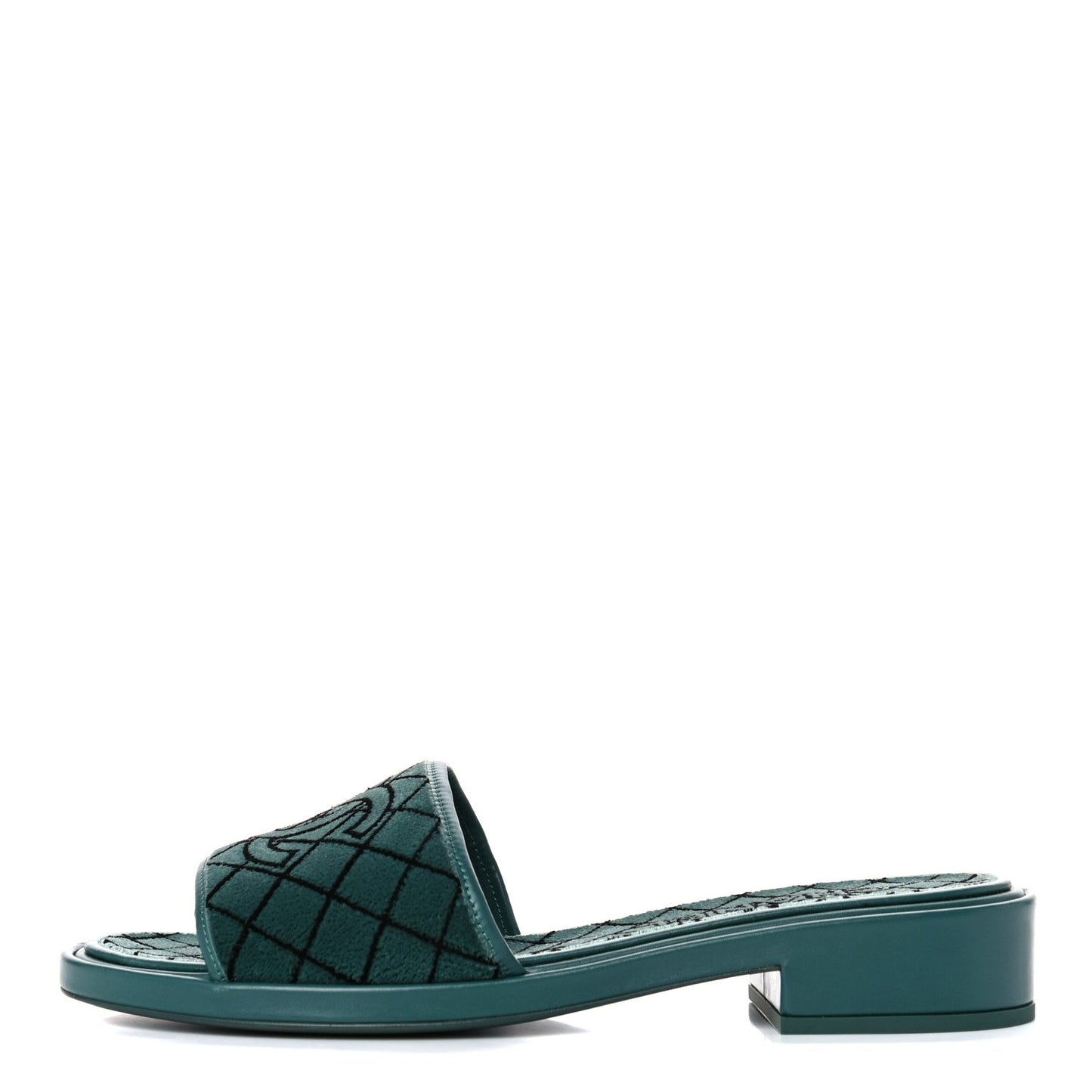 CHANEL CC EMROIDERED FABRIC & CALFSKIN SLIDE MULES