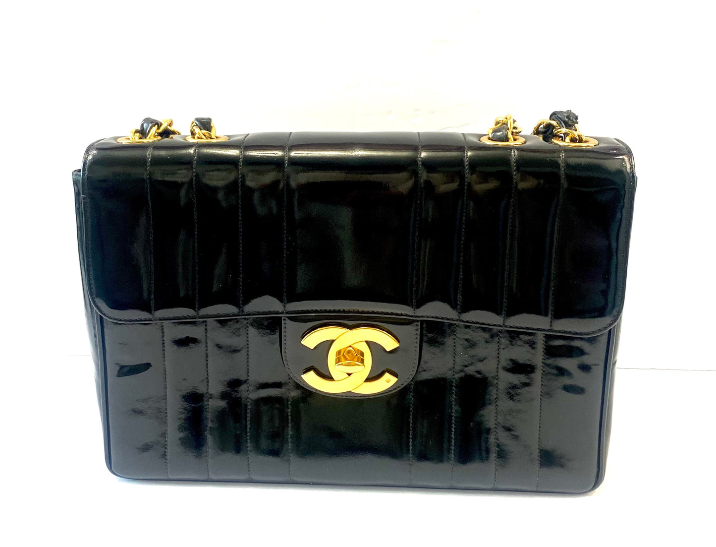 CHANEL JUMBO MADEMOISELLE VERTICAL QUILT PATENT LEATHER BAG