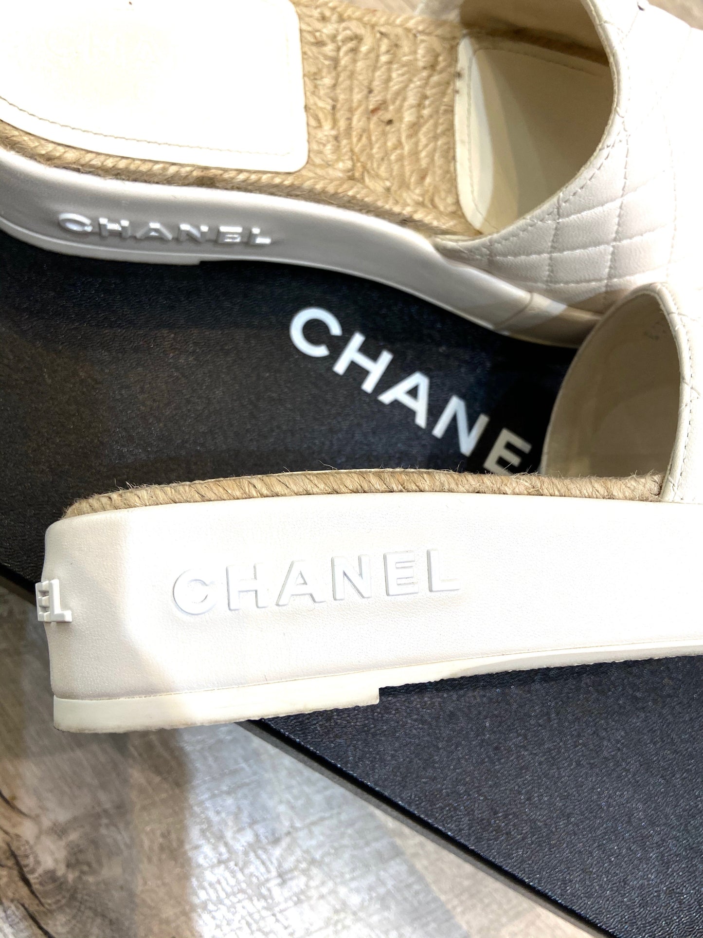 CHANEL CC LAMBSKIN LEATHER ESPADRILLE MULES
