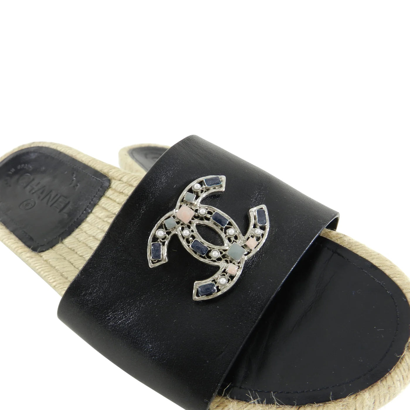 CHANEL CC LEATHER JEWELED ESPADRILLES MULES