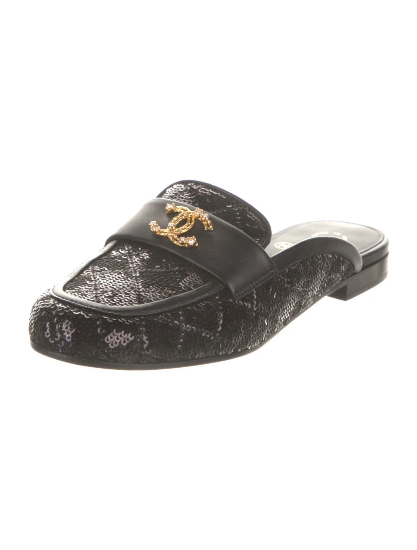 CHANEL SEQUIN LAMBSKIN QUILTED CC MULES
