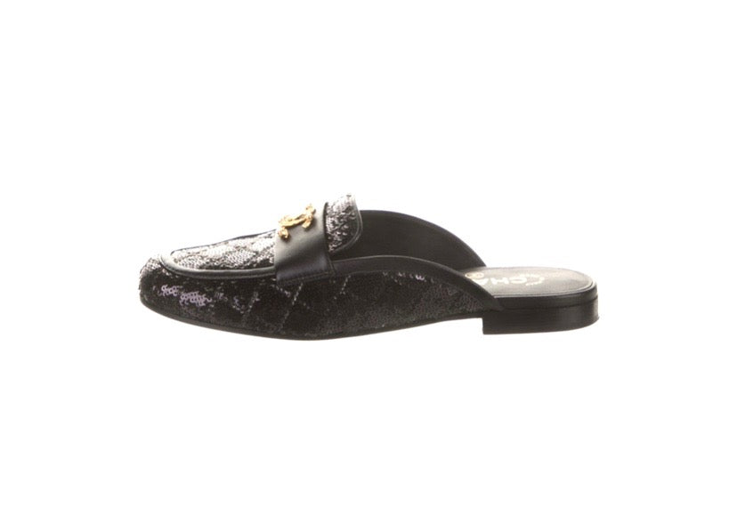 CHANEL SEQUIN LAMBSKIN QUILTED CC MULES