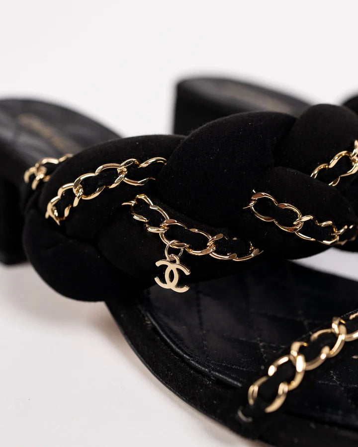CHANEL SUEDE BRAIDED CHAIN CC CHARM MULES