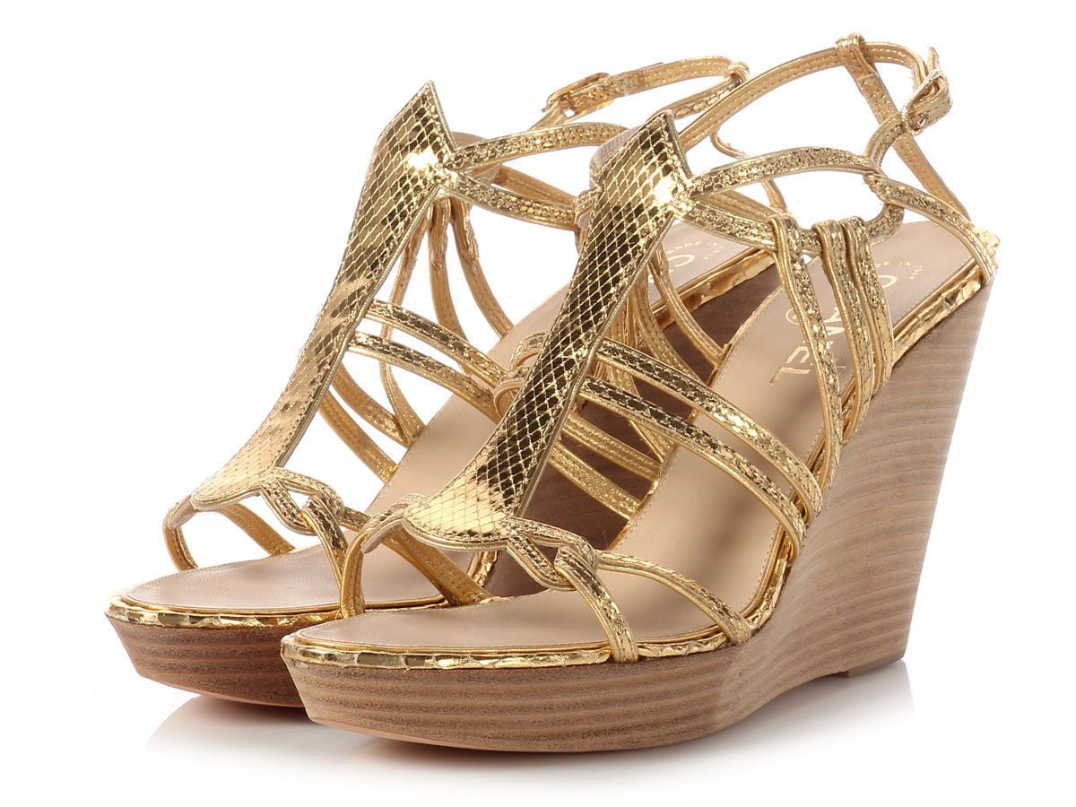 Chanel Gold Python Wedge Sandals