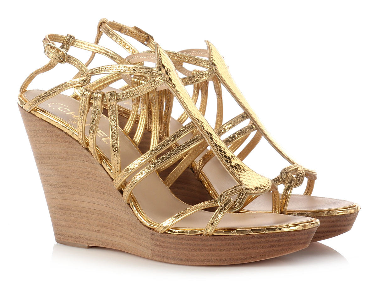 Chanel Gold Python Wedge Sandals