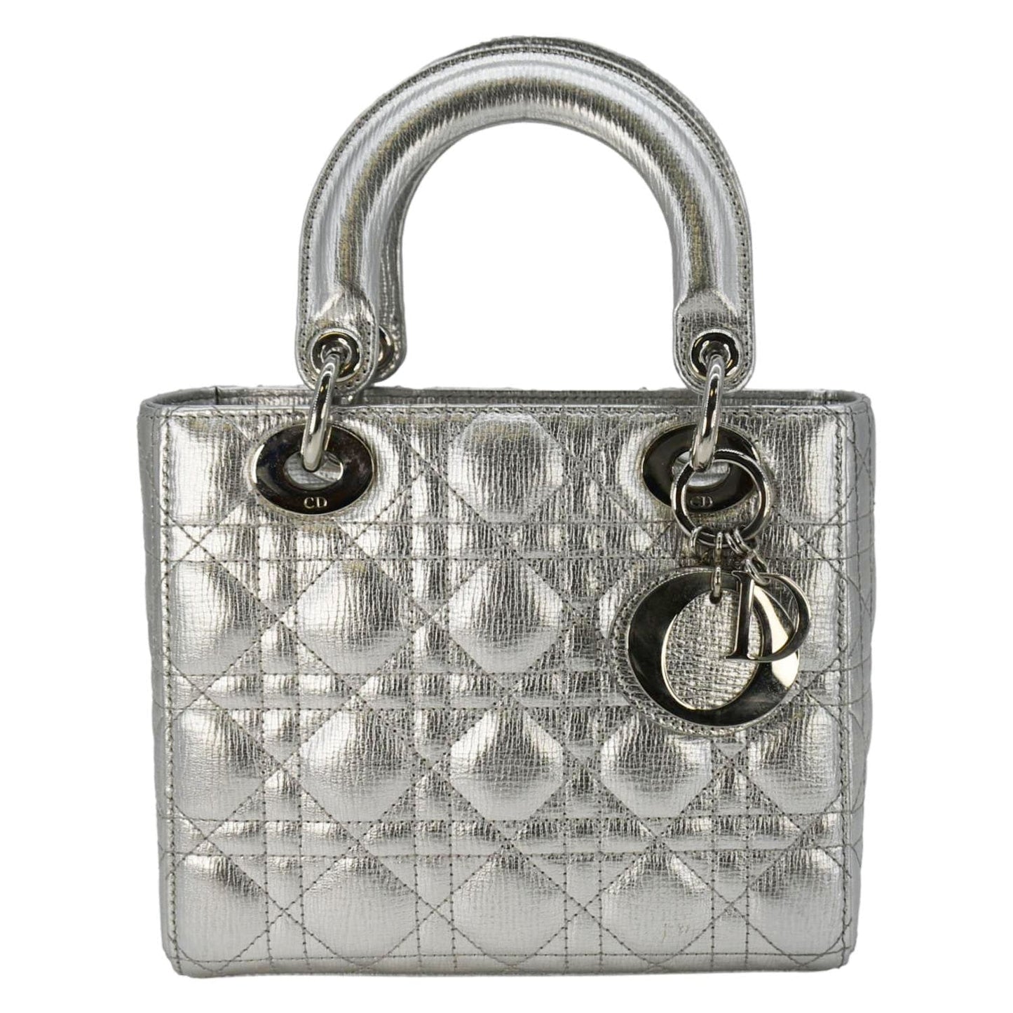 CHRISTIAN DIOR Lady Dior Lambskin Leather Shoulder Bag Metallic Silver