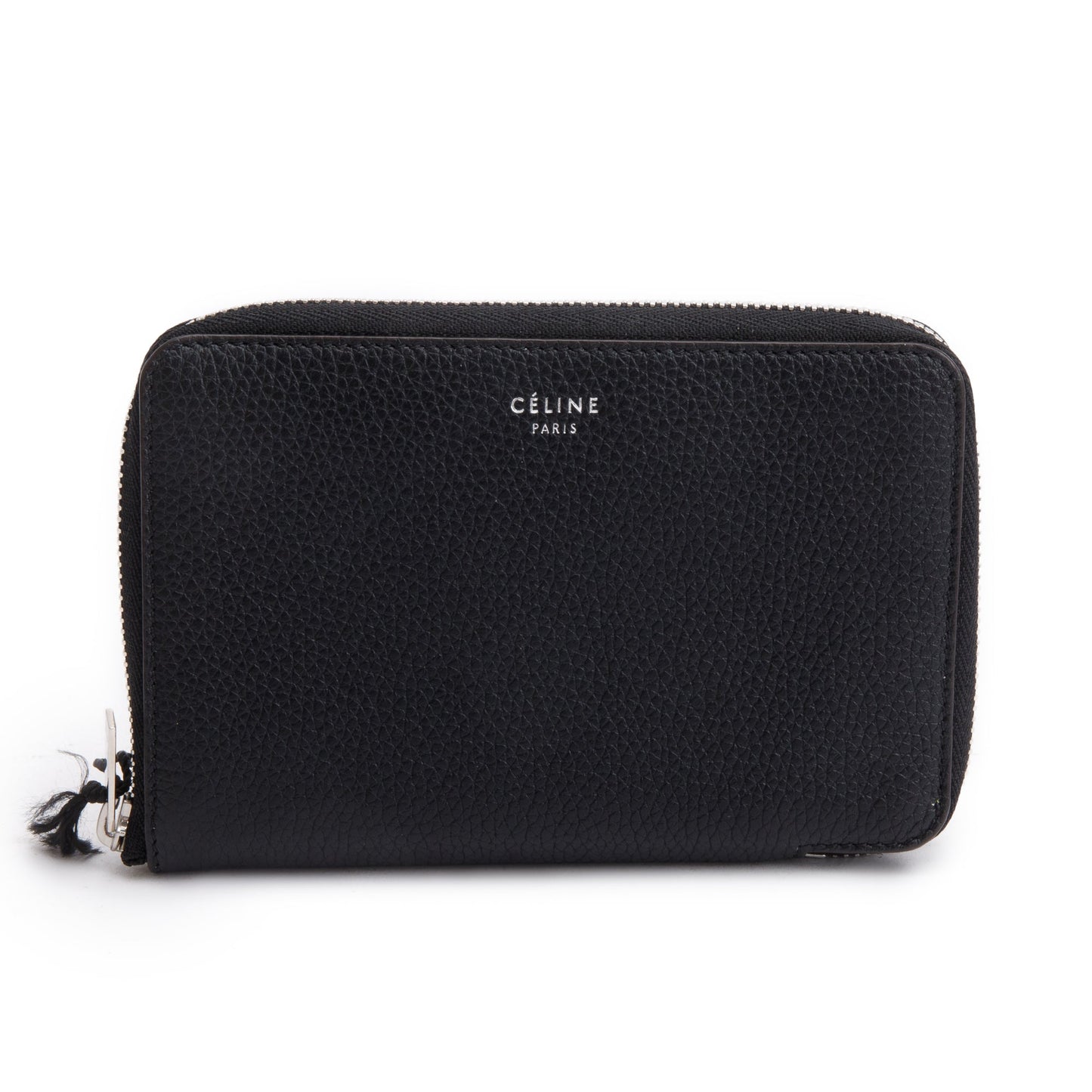 Celine Black Grained Calfskin Leather Zipped Compact Wallet