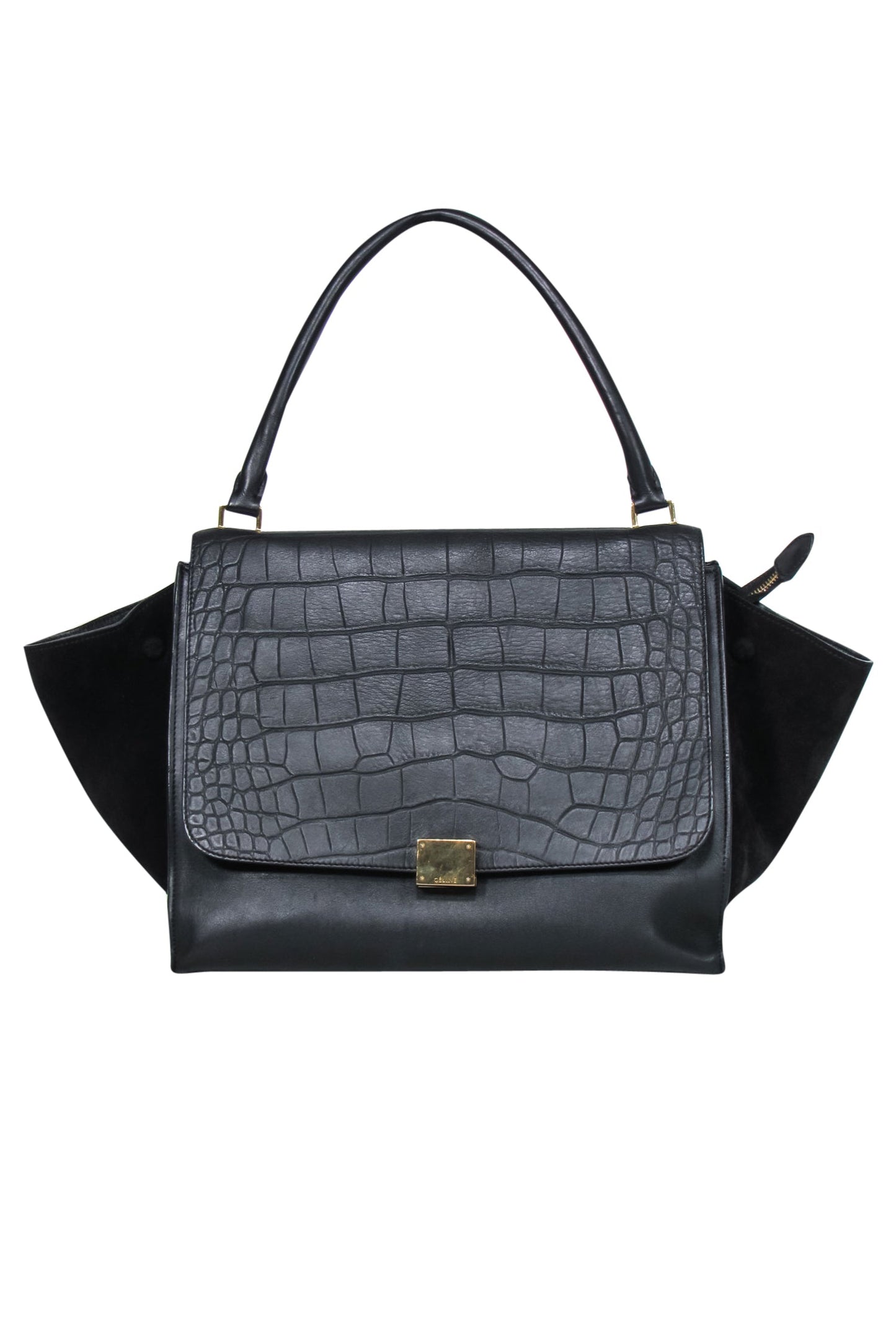 Luxury CELINE - Black Leather Reptile Embossed Fold-Over Handbag