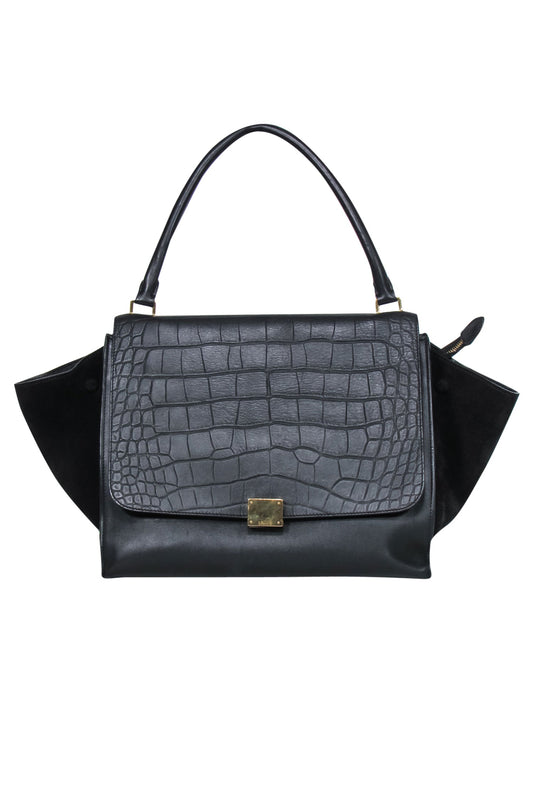 Luxury CELINE - Black Leather Reptile Embossed Fold-Over Handbag
