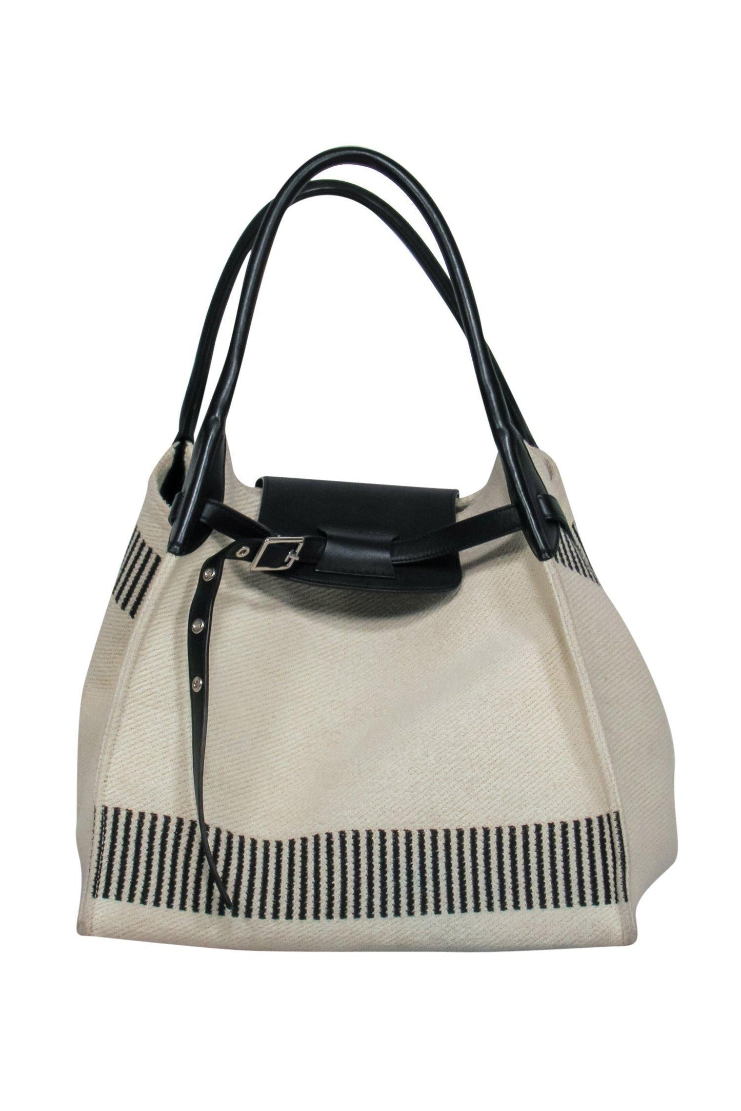 Luxury CELINE - Cream Knit Tote w/ Striped Trim