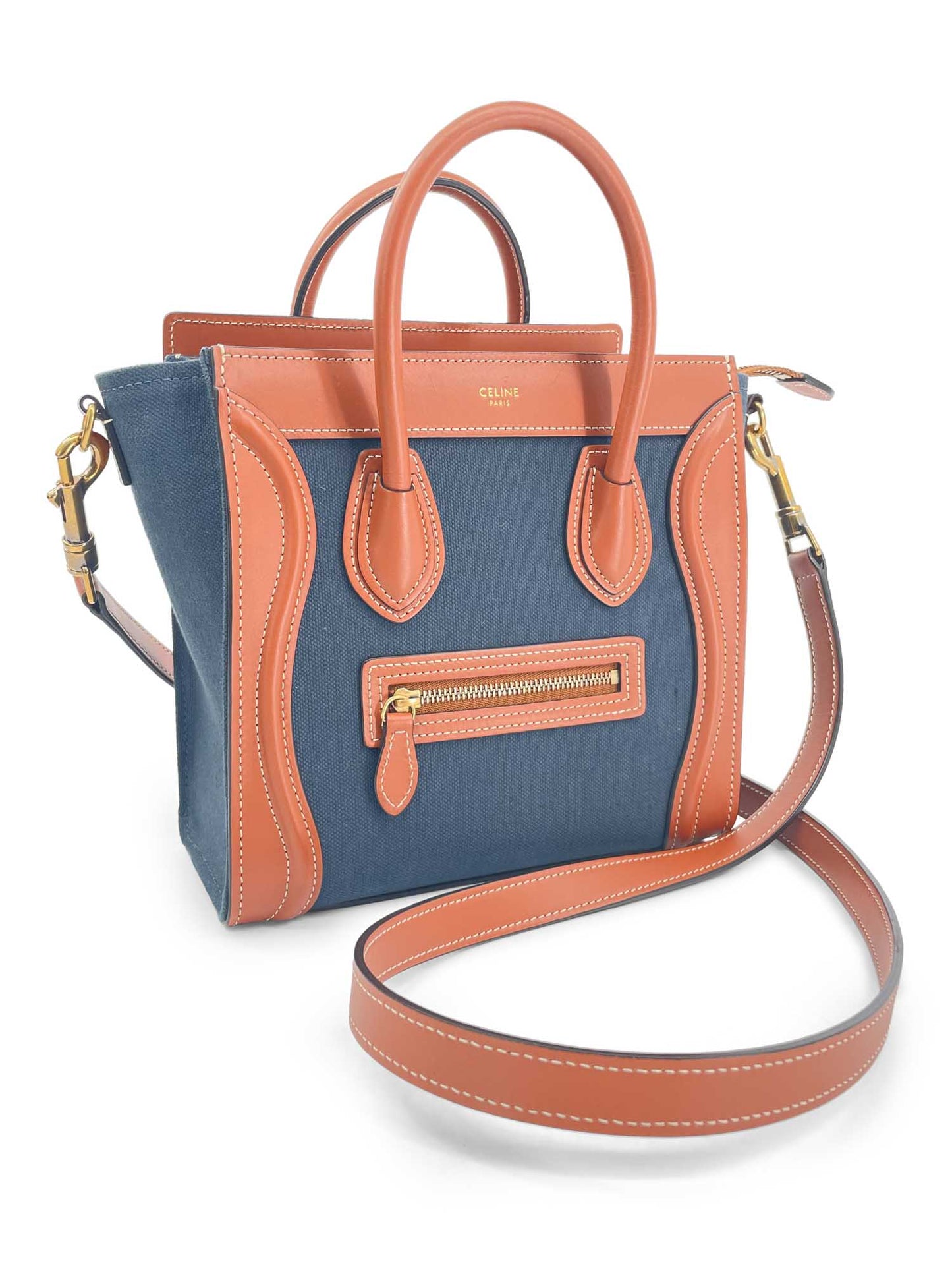Luxury CELINE Denim Leather Nano Luggage Bag Brown