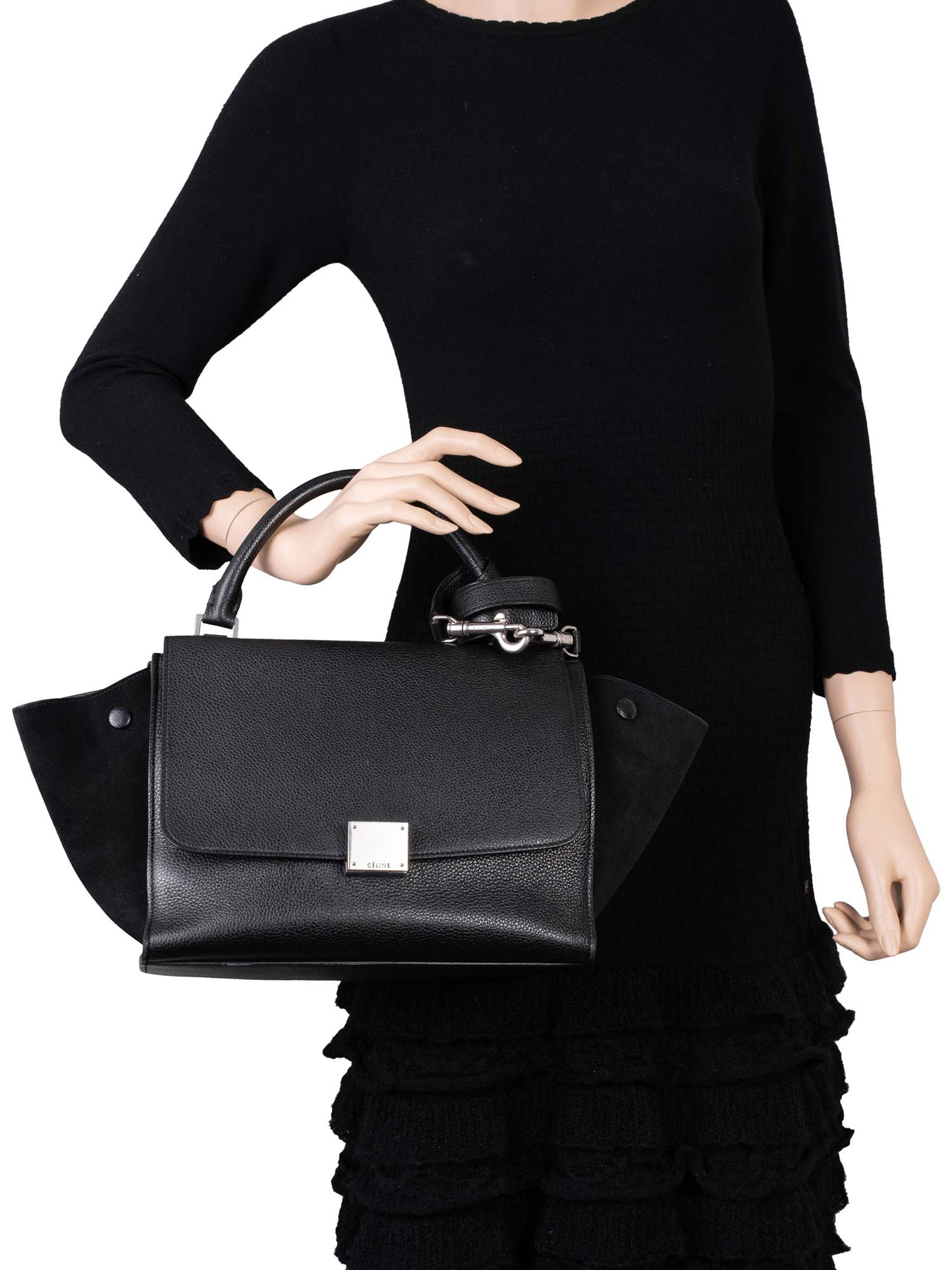 Luxury CELINE Drummed Leather Mini Trapeze Bag Black