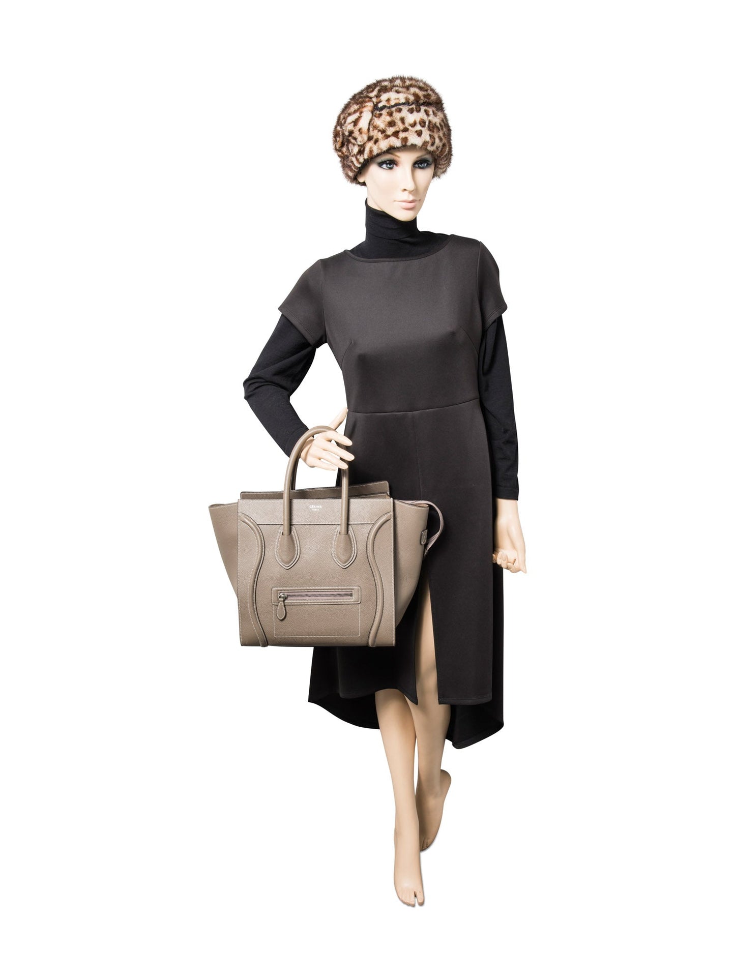 Luxury CELINE Logo Leather Mini Luggage Tote Bag Taupe