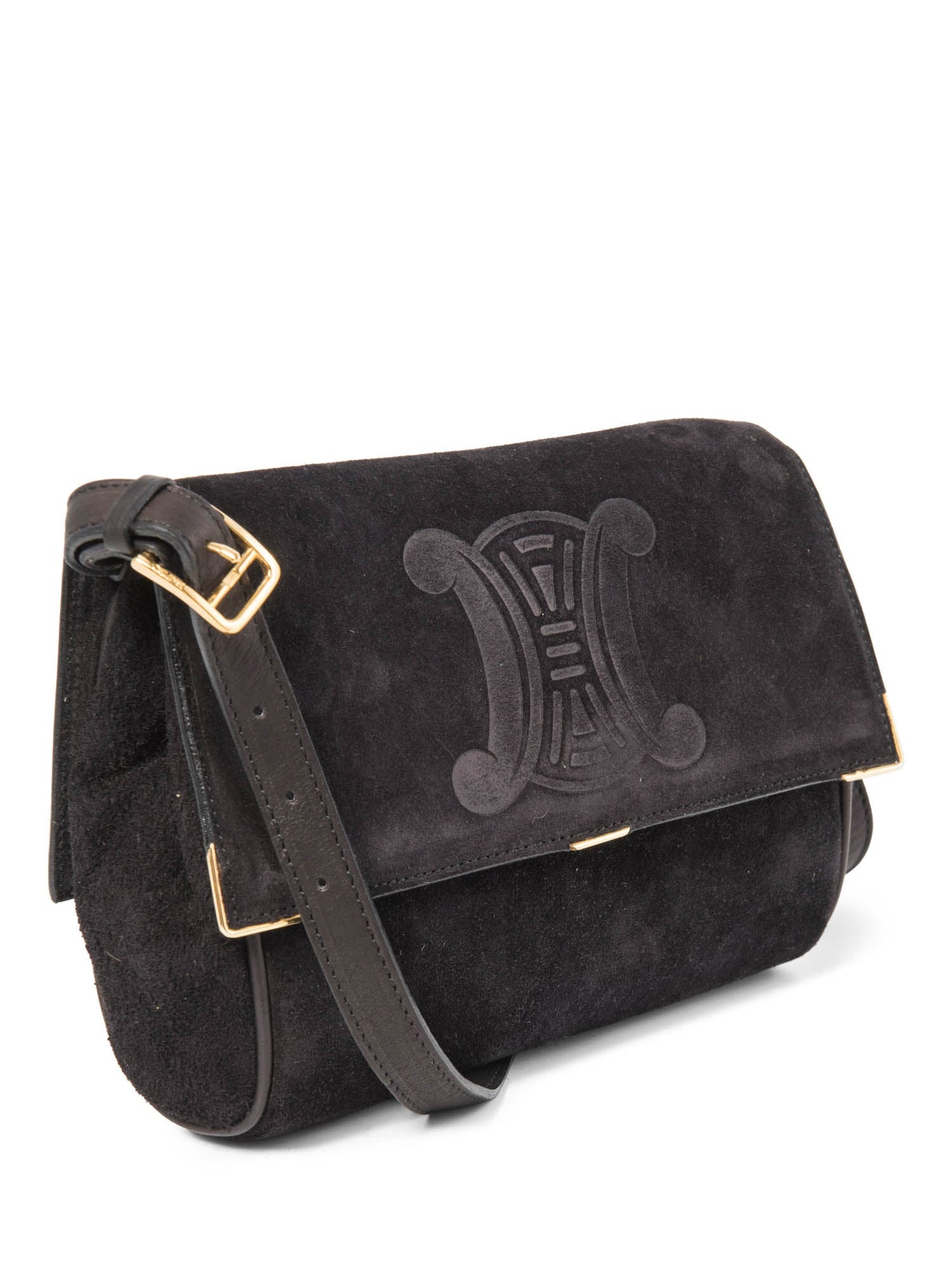 Luxury CELINE Vintage Logo Debossed Suede Messenger Bag Black Gold