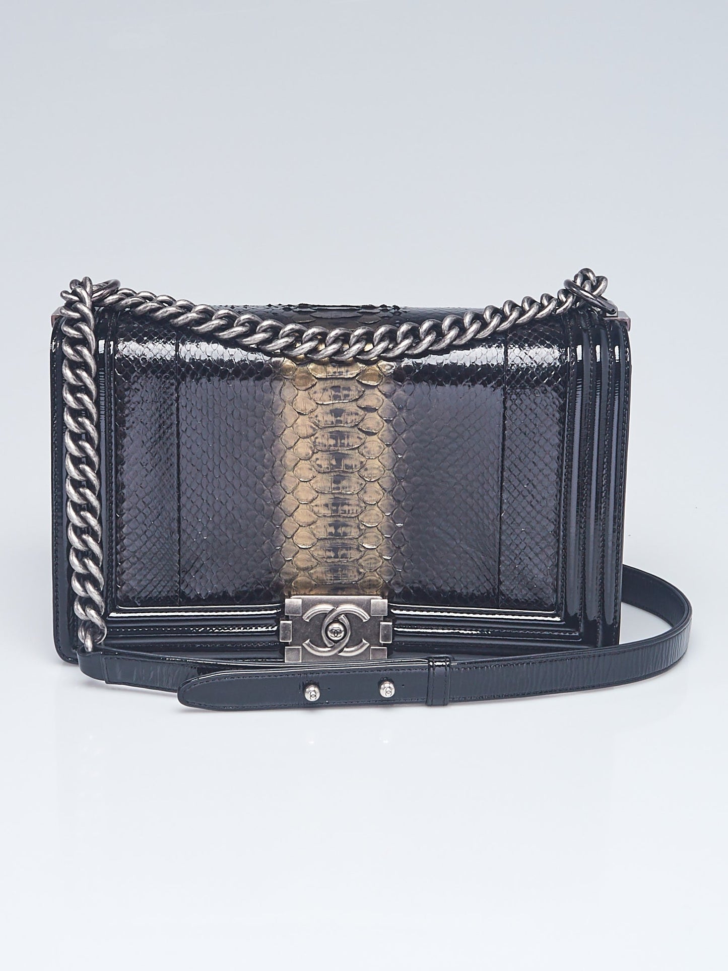 CHANEL PYTHON AND PATENT LEATHER MEDIUM BOY BAG