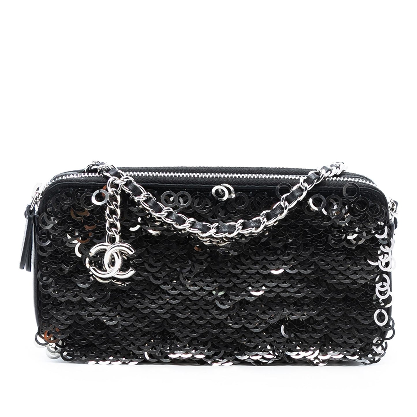 Chanel CC Calfskin and Sequin Double Zip Wallet on Chain